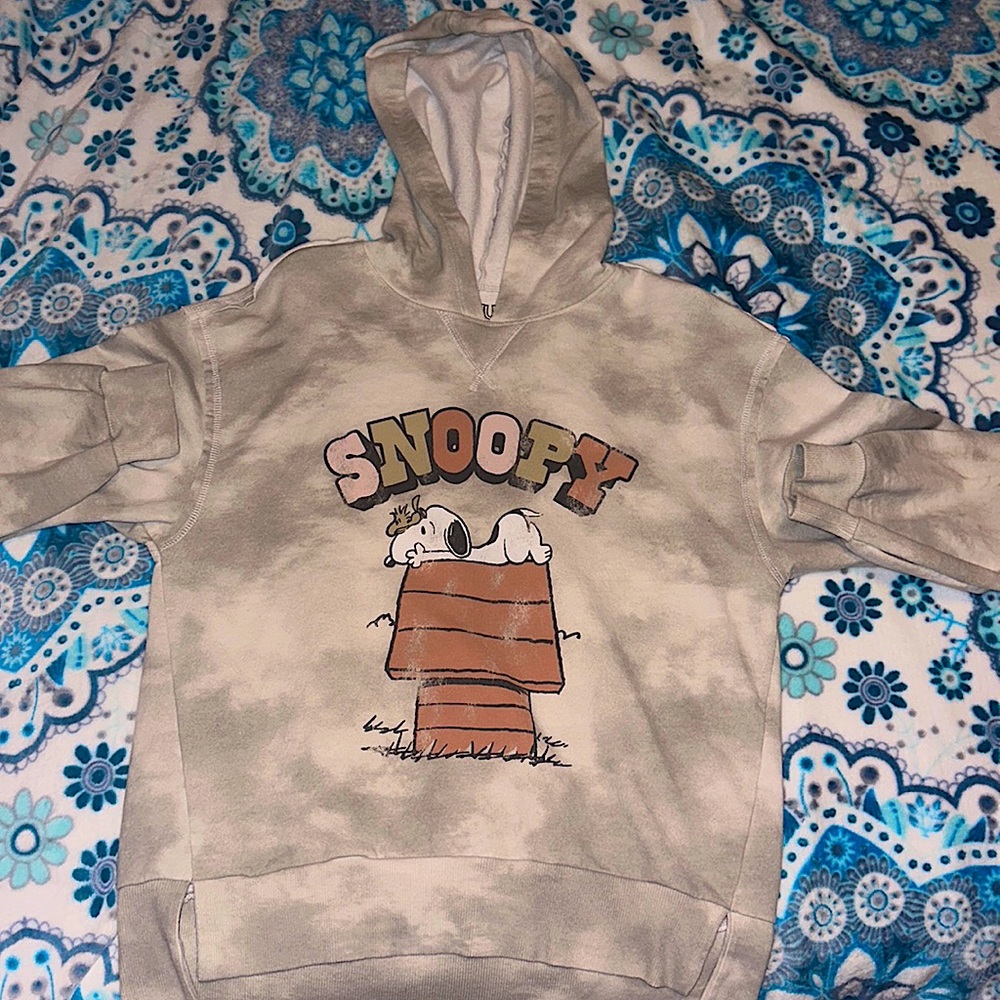 Grey-ish White-ish Snoopy Hoodie With Sewn in Neckline